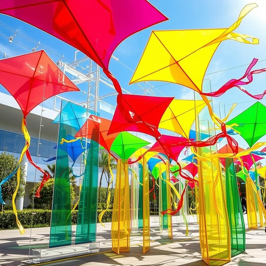 An imaginative plexiglass colorful installation featuring vibrant, oversized kites made from translucent materials