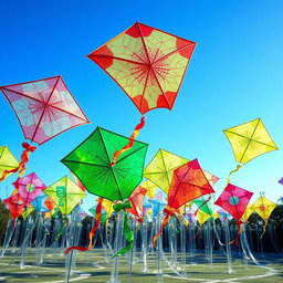 A stunning plexiglass colorful installation displaying large, vibrant kites made from translucent materials