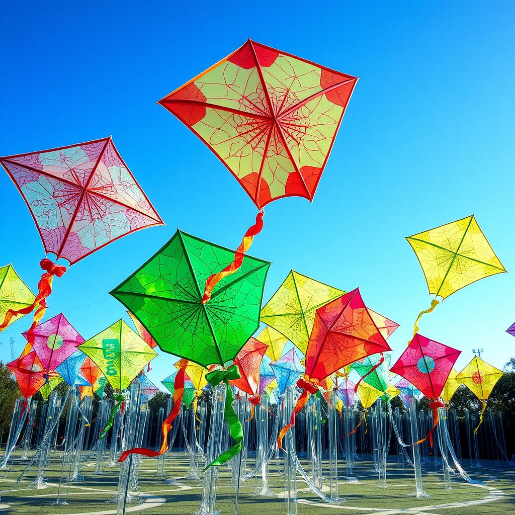 A stunning plexiglass colorful installation displaying large, vibrant kites made from translucent materials