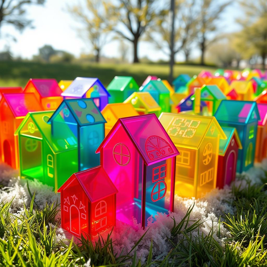 A whimsical installation of small, colorful houses made from translucent plexiglass, showcasing a variety of vibrant colors such as bright pink, sunny yellow, ocean blue, and grass green