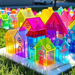 A whimsical installation of small, colorful houses made from translucent plexiglass, showcasing a variety of vibrant colors such as bright pink, sunny yellow, ocean blue, and grass green