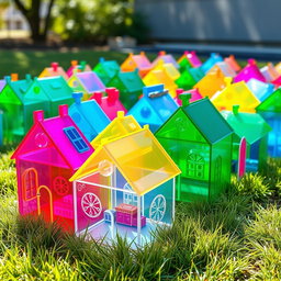 A whimsical installation of small, colorful houses made from translucent plexiglass, showcasing a variety of vibrant colors such as bright pink, sunny yellow, ocean blue, and grass green