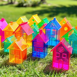 A whimsical installation of small, colorful houses made from translucent plexiglass, showcasing a variety of vibrant colors such as bright pink, sunny yellow, ocean blue, and grass green