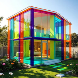 A strikingly large colorful house made entirely of translucent plexiglass, showcasing a vivid array of colors such as bright orange, deep purple, cheerful yellow, and vibrant turquoise