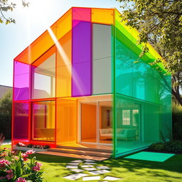 A strikingly large colorful house made entirely of translucent plexiglass, showcasing a vivid array of colors such as bright orange, deep purple, cheerful yellow, and vibrant turquoise