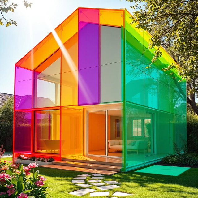 A strikingly large colorful house made entirely of translucent plexiglass, showcasing a vivid array of colors such as bright orange, deep purple, cheerful yellow, and vibrant turquoise