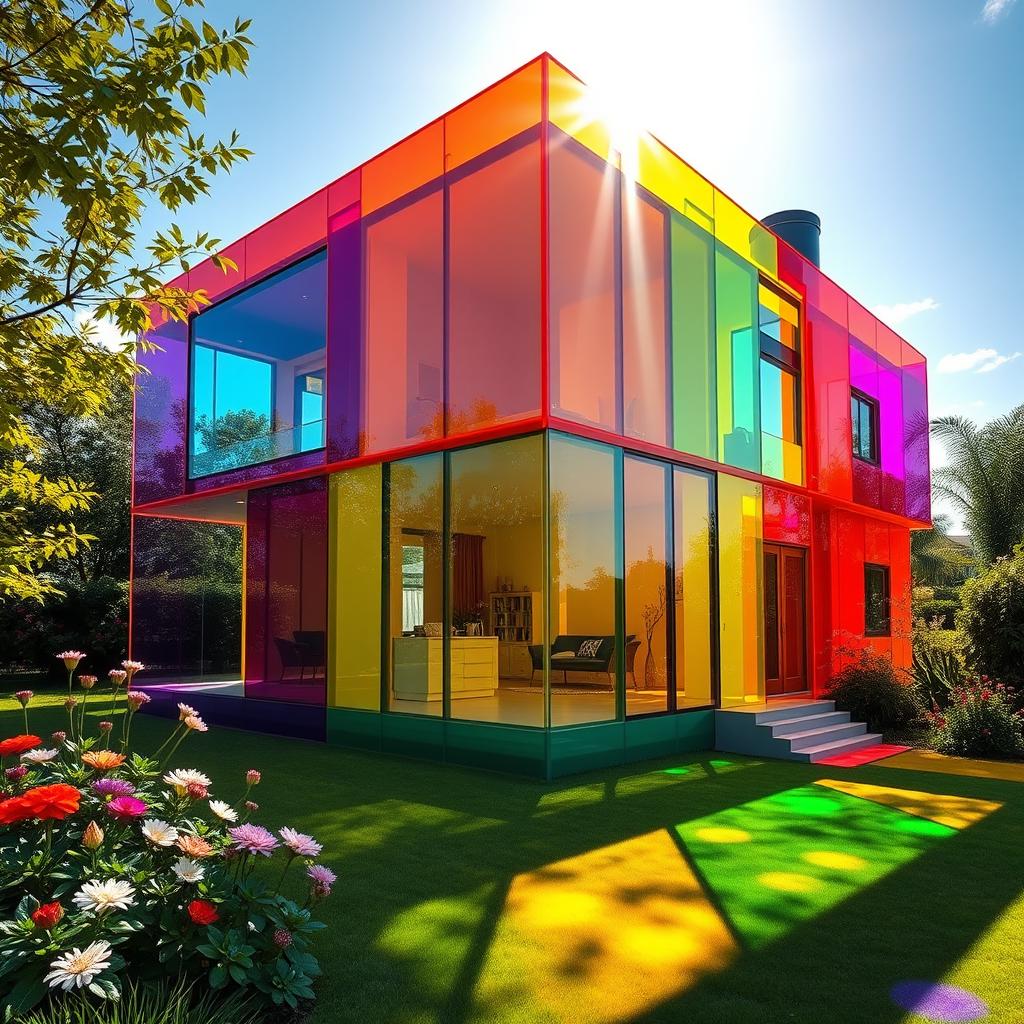 A strikingly large colorful house made entirely of translucent plexiglass, showcasing a vivid array of colors such as bright orange, deep purple, cheerful yellow, and vibrant turquoise