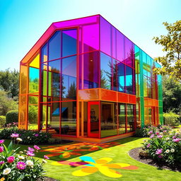 A strikingly large colorful house made entirely of translucent plexiglass, showcasing a vivid array of colors such as bright orange, deep purple, cheerful yellow, and vibrant turquoise
