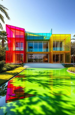 A grand and vibrant house constructed entirely from translucent plexiglass, featuring a stunning array of colors like bright red, sunny yellow, deep blue, and lively green