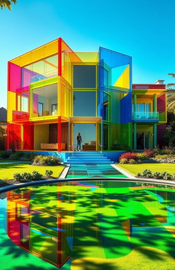 A grand and vibrant house constructed entirely from translucent plexiglass, featuring a stunning array of colors like bright red, sunny yellow, deep blue, and lively green