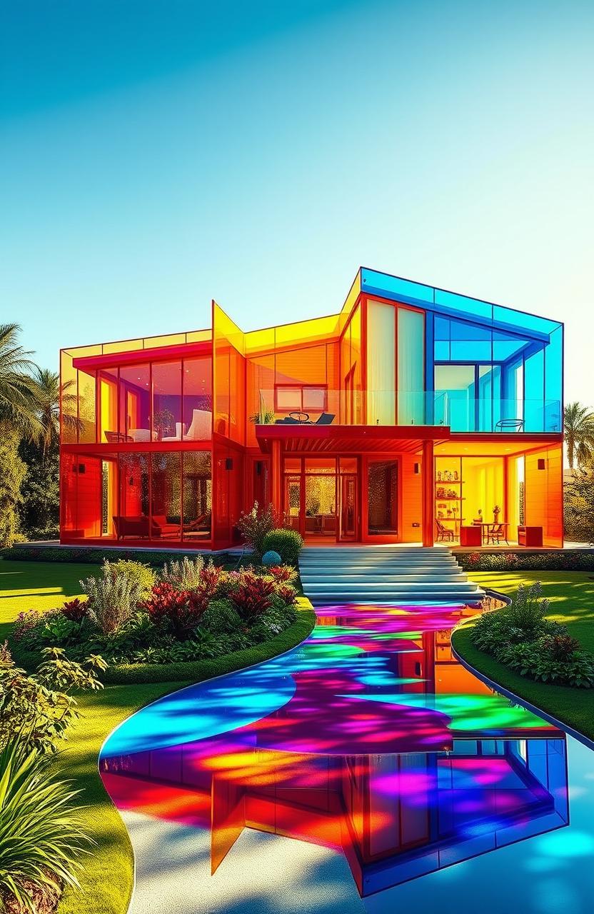 A grand and vibrant house constructed entirely from translucent plexiglass, featuring a stunning array of colors like bright red, sunny yellow, deep blue, and lively green