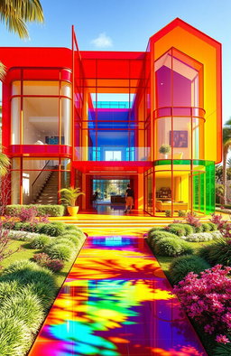 A grand and vibrant house constructed entirely from translucent plexiglass, featuring a stunning array of colors like bright red, sunny yellow, deep blue, and lively green