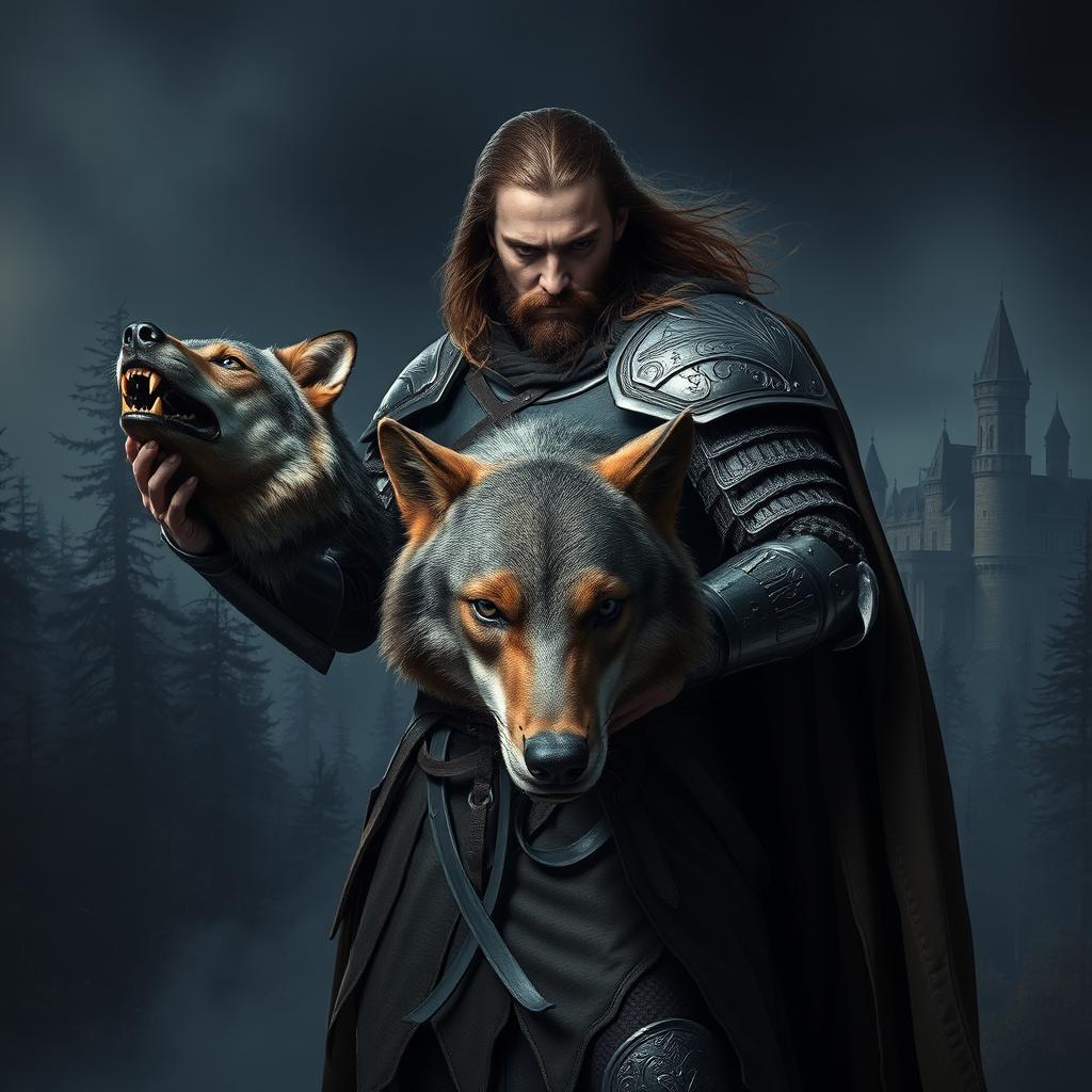 A fierce knight holding a wolf's head in his hands, showcasing a battle-worn armor adorned with intricate designs