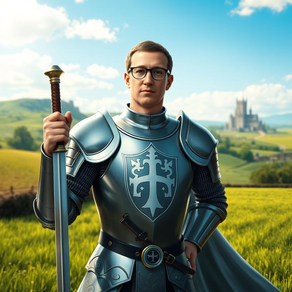 A character resembling Mark Zuckerberg depicted as a knight, wearing a polished suit of armor with an emblematic crest on his chest