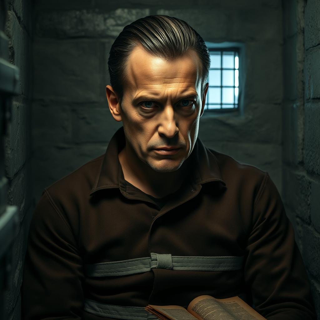 A dramatic portrait of Hannibal Lecter, showcasing him sitting in a dimly lit cell, wearing a classic straitjacket