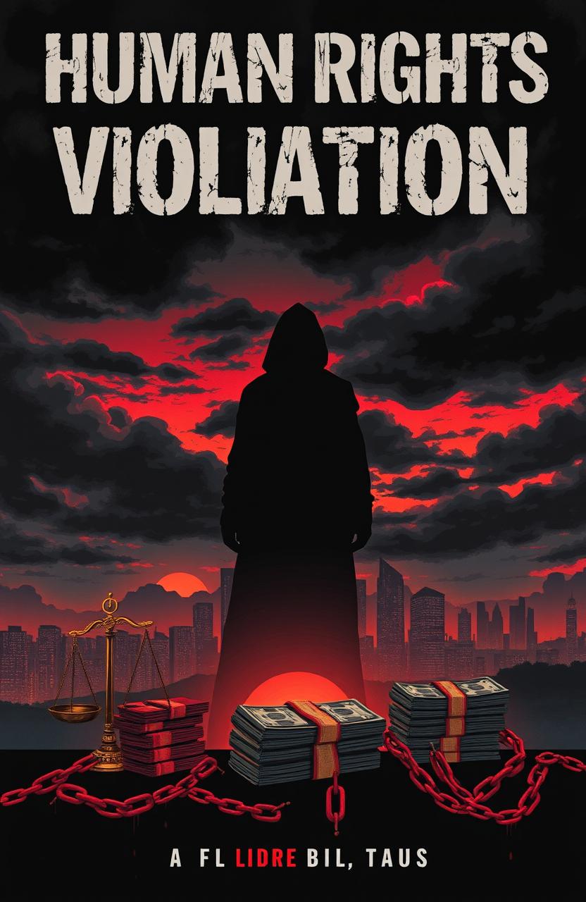 A powerful cover illustration depicting human rights violations focusing on themes of murder and corruption