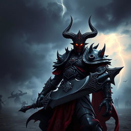 A Dreadlord Corruptor warrior from a dark fantasy game, clad in ominous black and crimson armor that is adorned with intricate, glowing runes and spikes