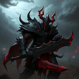 A Dreadlord Corruptor warrior from a dark fantasy game, clad in ominous black and crimson armor that is adorned with intricate, glowing runes and spikes