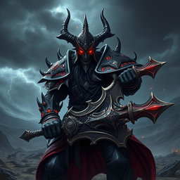 A Dreadlord Corruptor warrior from a dark fantasy game, clad in ominous black and crimson armor that is adorned with intricate, glowing runes and spikes