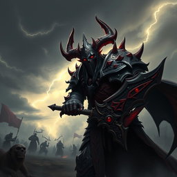 A Dreadlord Corruptor warrior from a dark fantasy game, clad in ominous black and crimson armor that is adorned with intricate, glowing runes and spikes