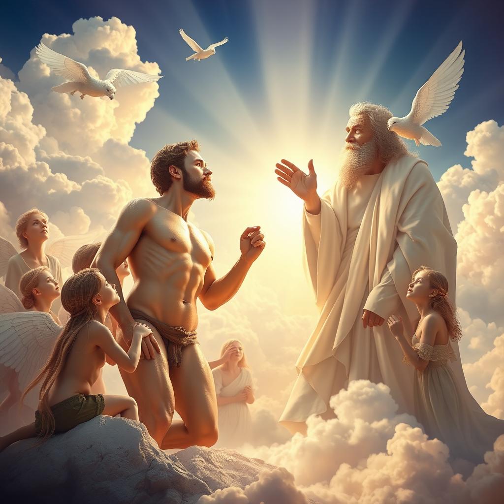 A majestic scene depicting the moment of creation of Adam, the first human being, by God