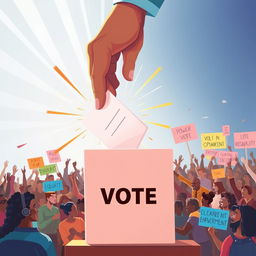 A powerful illustration depicting a large hand gracefully dropping a ballot into a vibrant voting box, which emanates rays of light and energetic power beams symbolizing transformative change