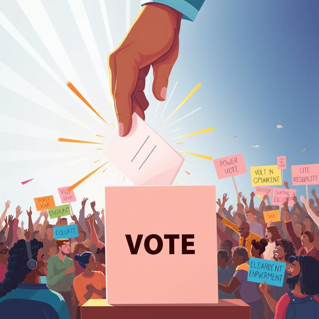 A powerful illustration depicting a large hand gracefully dropping a ballot into a vibrant voting box, which emanates rays of light and energetic power beams symbolizing transformative change