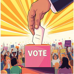 A powerful illustration depicting a large hand gracefully dropping a ballot into a vibrant voting box, which emanates rays of light and energetic power beams symbolizing transformative change