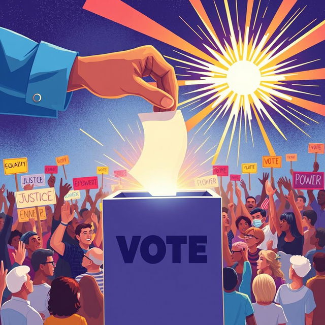 A powerful illustration depicting a large hand gracefully dropping a ballot into a vibrant voting box, which emanates rays of light and energetic power beams symbolizing transformative change