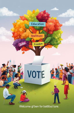 A powerful illustration of a tree emerging from a ballot box, with vibrant branches labeled 'Equality,' 'Education,' 'Healthcare,' 'Jobs,' and 'Freedom