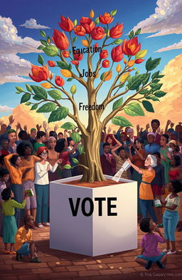A powerful illustration of a tree emerging from a ballot box, with vibrant branches labeled 'Equality,' 'Education,' 'Healthcare,' 'Jobs,' and 'Freedom