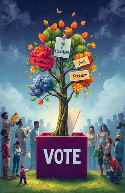 A powerful illustration of a tree emerging from a ballot box, with vibrant branches labeled 'Equality,' 'Education,' 'Healthcare,' 'Jobs,' and 'Freedom