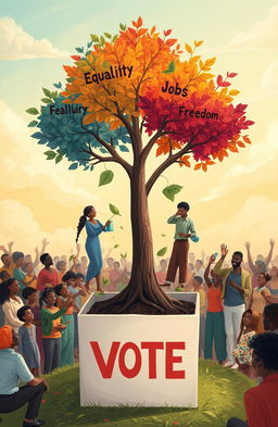 A powerful illustration of a tree emerging from a ballot box, with vibrant branches labeled 'Equality,' 'Education,' 'Healthcare,' 'Jobs,' and 'Freedom