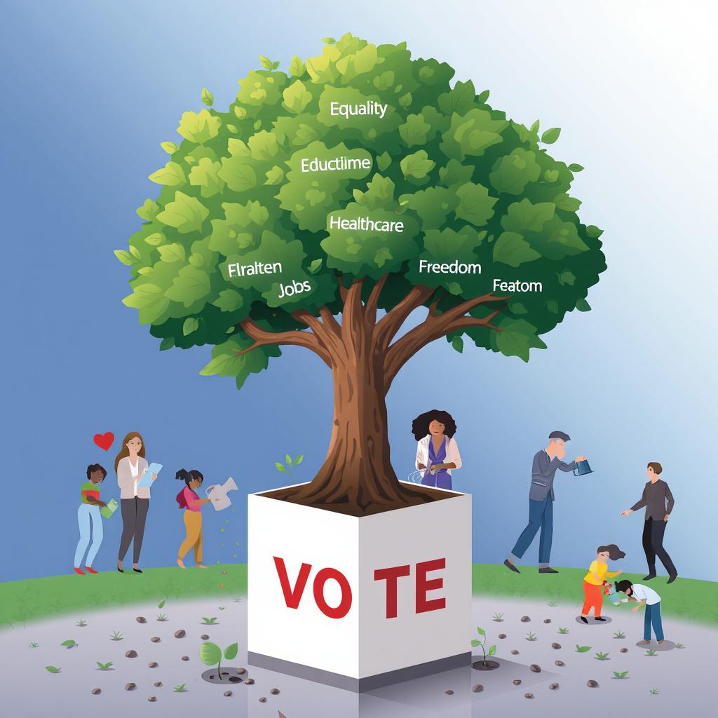 A visually striking illustration of a robust tree emerging from a ballot box, with each branch elegantly labeled 'Equality,' 'Education,' 'Healthcare,' 'Jobs,' and 'Freedom