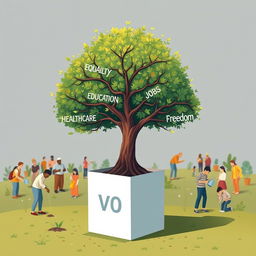 A visually striking illustration of a robust tree emerging from a ballot box, with each branch elegantly labeled 'Equality,' 'Education,' 'Healthcare,' 'Jobs,' and 'Freedom
