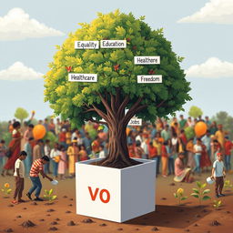 A visually striking illustration of a robust tree emerging from a ballot box, with each branch elegantly labeled 'Equality,' 'Education,' 'Healthcare,' 'Jobs,' and 'Freedom
