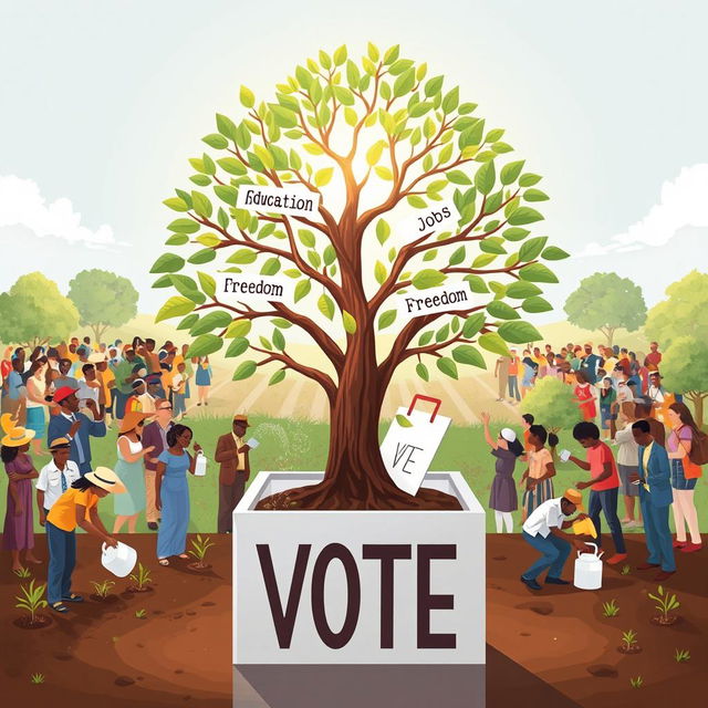 A visually striking illustration of a robust tree emerging from a ballot box, with each branch elegantly labeled 'Equality,' 'Education,' 'Healthcare,' 'Jobs,' and 'Freedom
