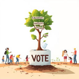 An inspiring and symbolic illustration featuring a tree growing out of a ballot box, with its branches prominently labeled 'Equality,' 'Education,' 'Healthcare,' 'Jobs,' and 'Freedom
