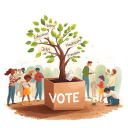 An inspiring and symbolic illustration featuring a tree growing out of a ballot box, with its branches prominently labeled 'Equality,' 'Education,' 'Healthcare,' 'Jobs,' and 'Freedom