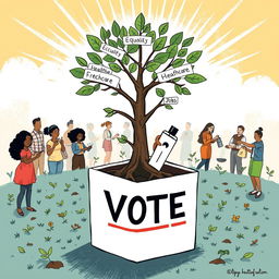 An inspiring and symbolic illustration featuring a tree growing out of a ballot box, with its branches prominently labeled 'Equality,' 'Education,' 'Healthcare,' 'Jobs,' and 'Freedom