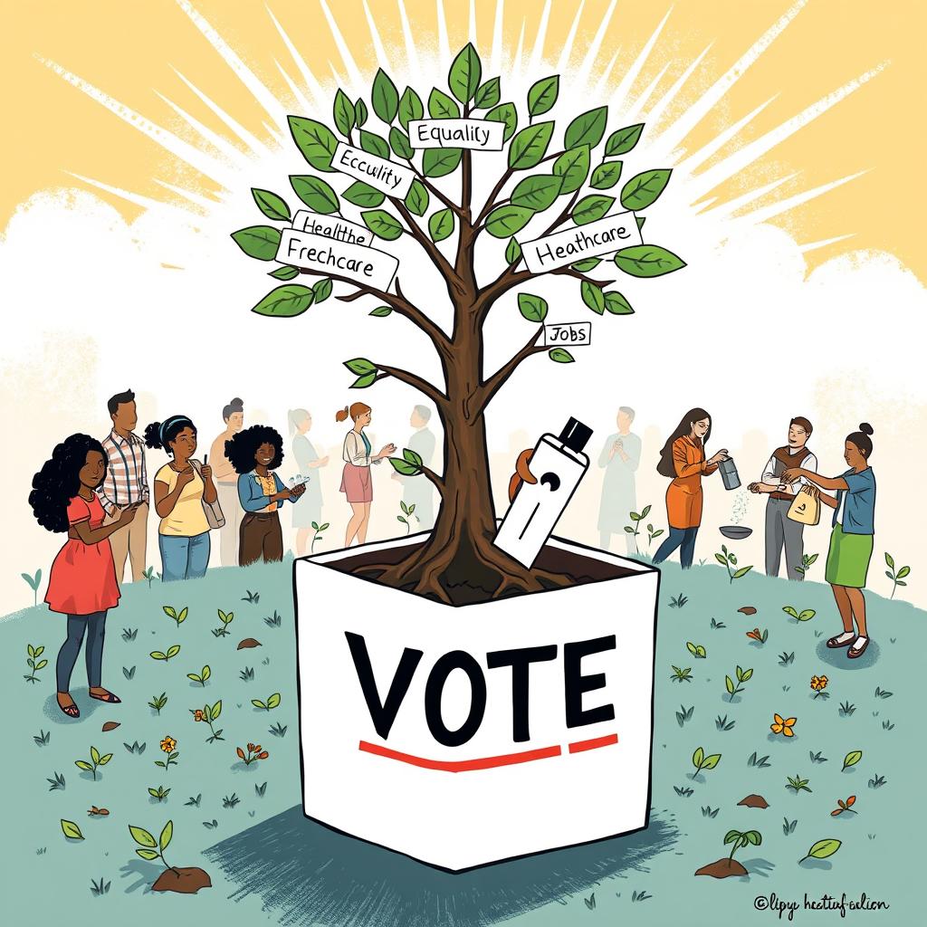 An inspiring and symbolic illustration featuring a tree growing out of a ballot box, with its branches prominently labeled 'Equality,' 'Education,' 'Healthcare,' 'Jobs,' and 'Freedom