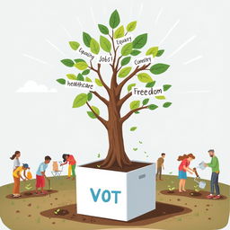 An inspiring and symbolic illustration featuring a tree growing out of a ballot box, with its branches prominently labeled 'Equality,' 'Education,' 'Healthcare,' 'Jobs,' and 'Freedom