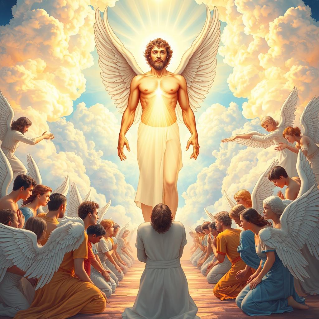 A majestic scene in a heavenly setting, featuring a diverse group of angels and heavenly beings, all bowing down in reverence to a radiant figure of Adam