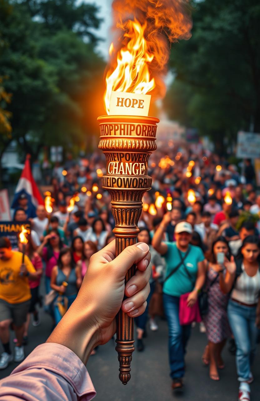 A hand holding a tall, vintage-style torch similar to the Statue of Liberty, with a bright, glowing flame made of words like 'Hope,' 'Power,' and 'Change' intricately woven into the fire