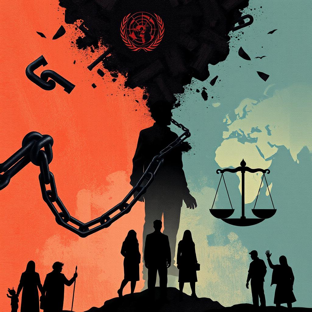 A thought-provoking illustration focusing on human rights violations and breaches of obligations, featuring powerful symbolism such as broken chains, a faded human silhouette, and textured backgrounds representing various cultures
