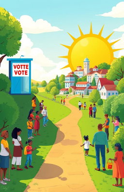 A vibrant illustration of a path beginning at a colorful 'Voting Booth', symbolizing the start of empowerment