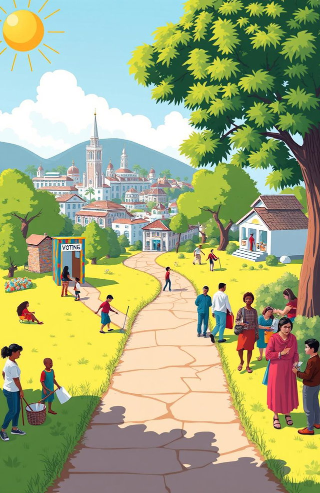 A vibrant illustration of a path beginning at a colorful 'Voting Booth', symbolizing the start of empowerment