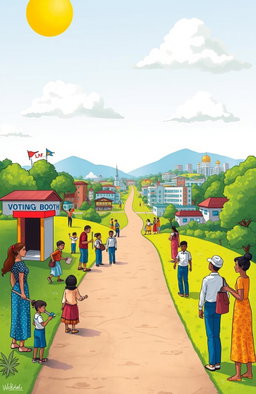 A vibrant illustration of a path beginning at a colorful 'Voting Booth', symbolizing the start of empowerment