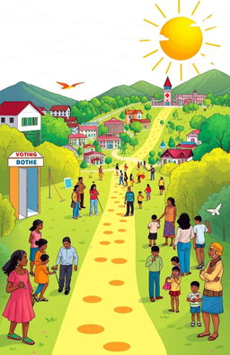 A vibrant illustration of a path beginning at a colorful 'Voting Booth', symbolizing the start of empowerment