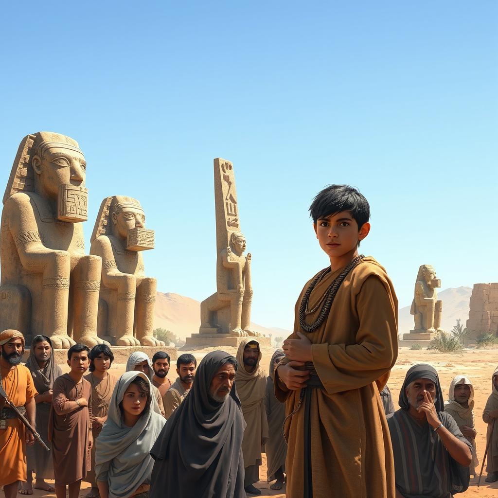 A young Prophet Ibrahim in ancient Mesopotamia, standing confidently as he questions the people about their idol worship